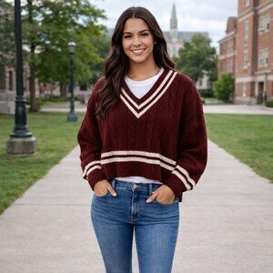 Elegant V-Neck Sweater in Burgundy and Cream